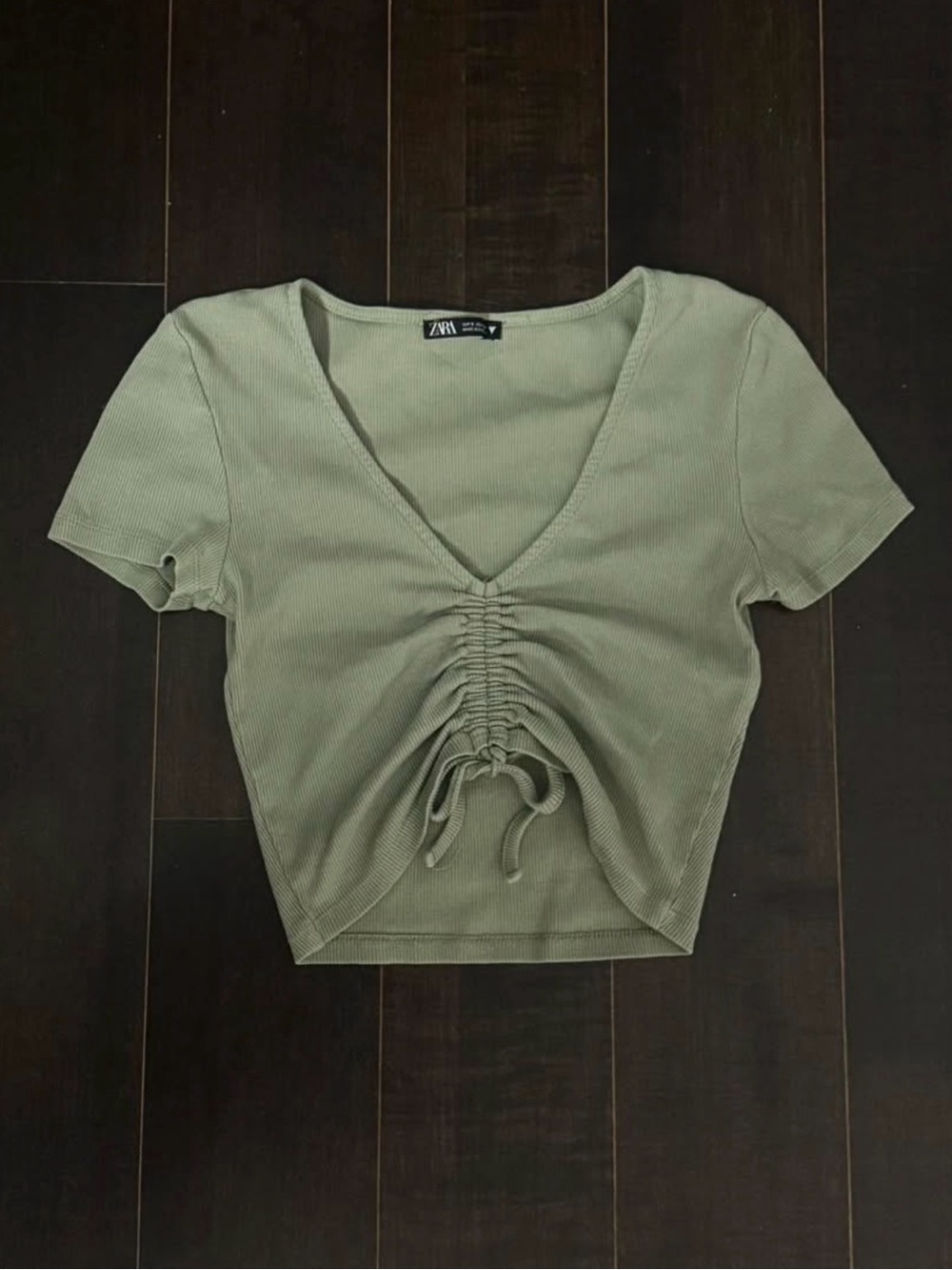 Zara Olive Green Ruched V-Neck Crop Top